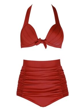 SHEKINI Women's Vintage Bikini Set Halter Ruched Two Piece Swimsuit Triangle Hig